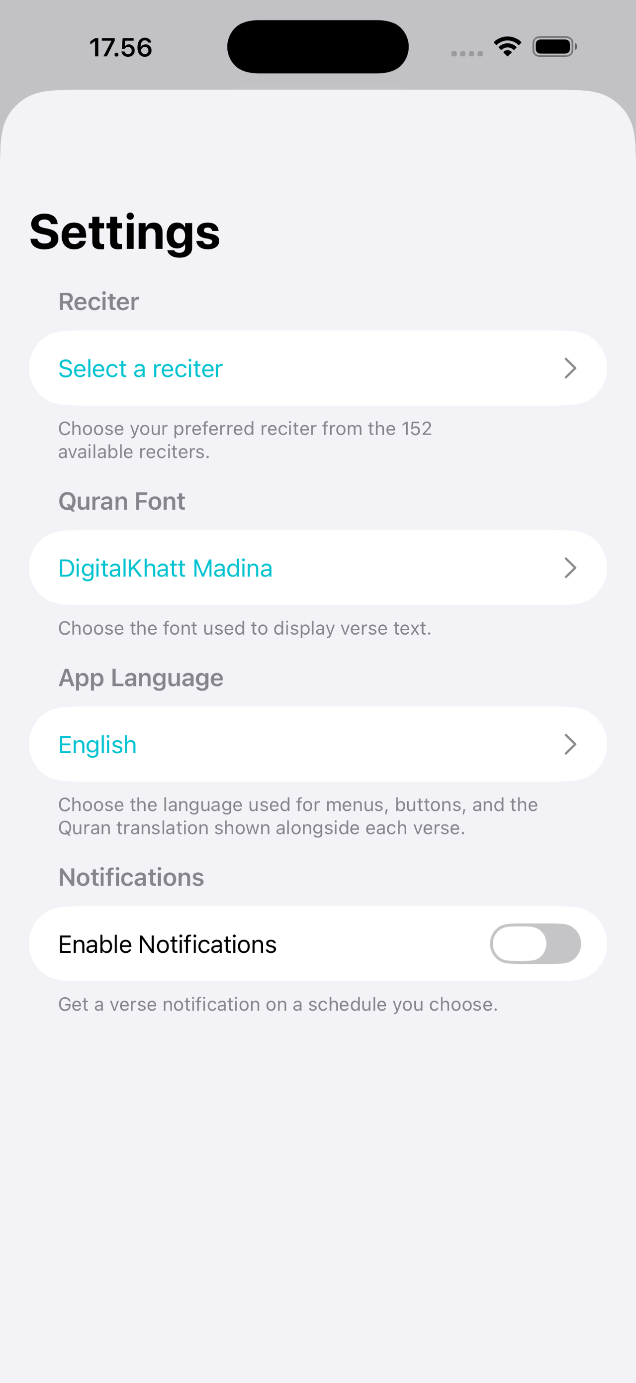 Reciter and font settings on iPhone