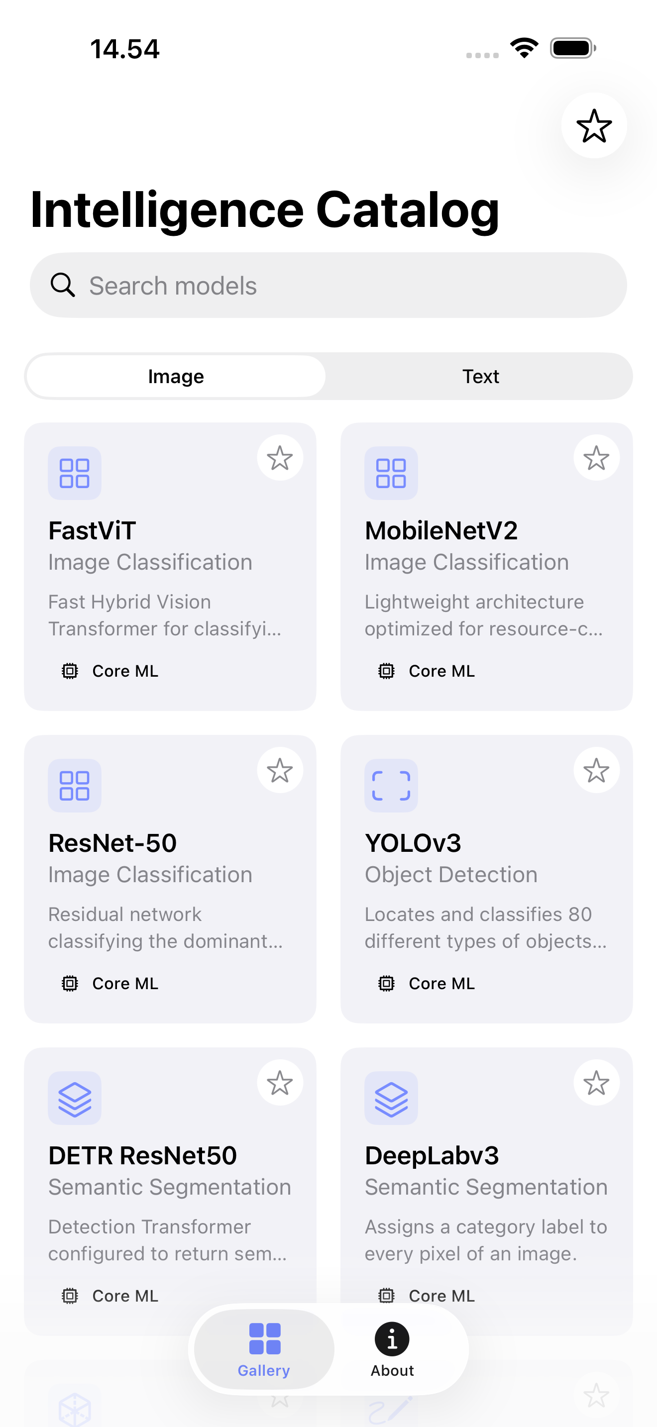 Intelligence Catalog Gallery screen
